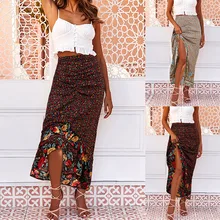 Летняя Длинная женская юбка с цветочным принтом и асимметричным подолом, плиссированные кружевные юбки с оборками, Женская богемная юбка# es