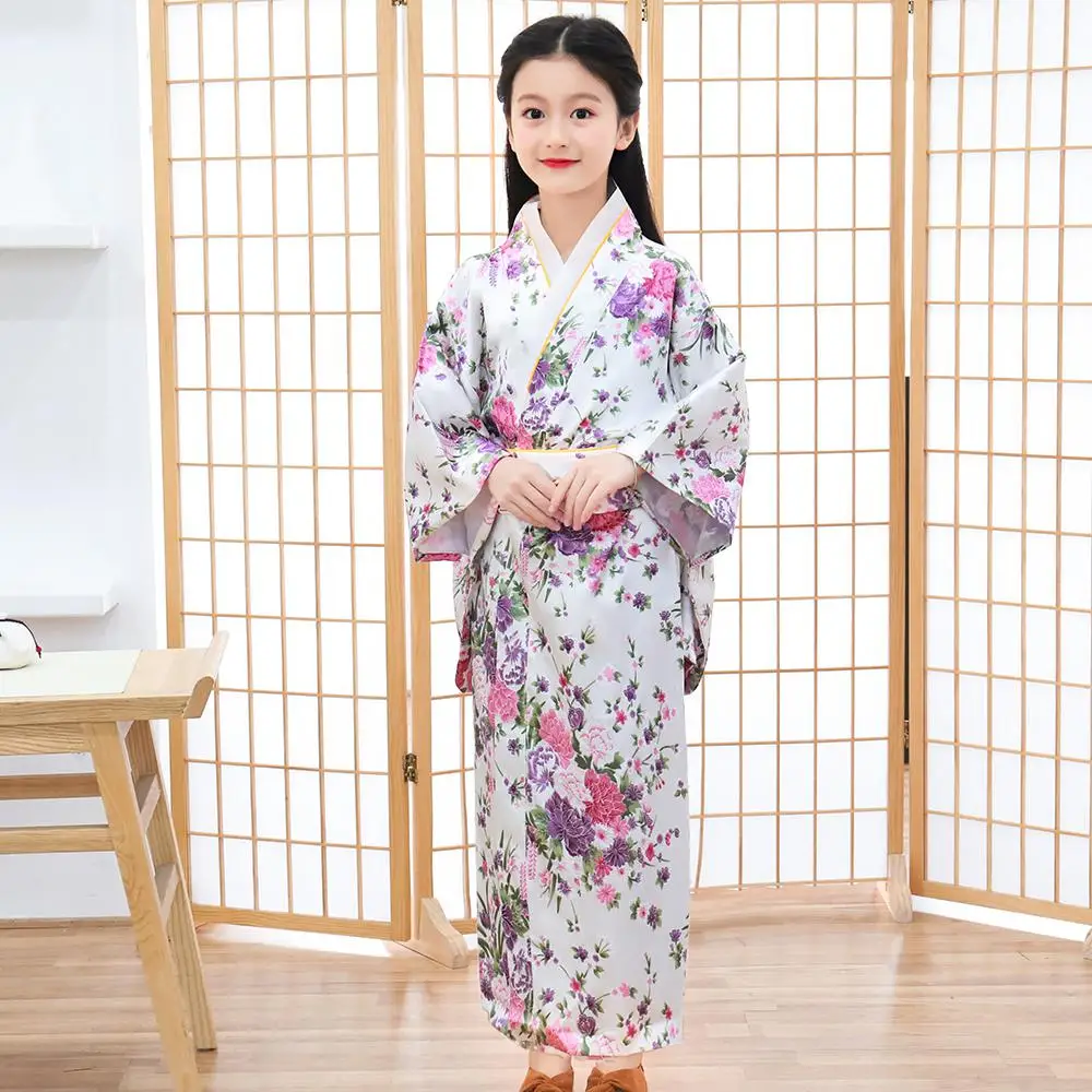 Print Flower Children Japanese Traditional Evening Party Prom Dress Performace Clothing Kimono Bathrobe Gown Full Sleeve Gown - Цвет: White 2