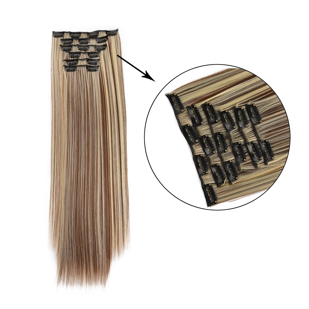 Grampo em Extensões do Cabelo Clipes em Falsos Resistente ao Calor do Cabelo Sintético em Linha Peruca 140g 16 Styling Reta 6 Pçs - Set 24 1 High Quality Apliques e perucas