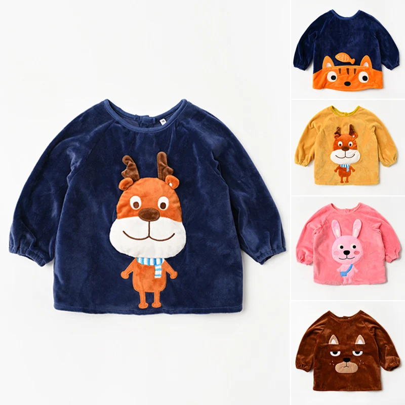 

Children's Apron Velvet Waterproof Coveralls Baby Anti-Dirty Anti-Wear Bib Boy Girl Eating Protective Clothing Short Robe