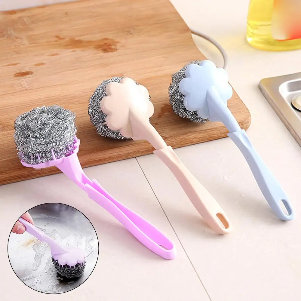 

Long Handle Home Kitchen Steel Wire Ball Pot Dish Cleaning Brush Washing Tool