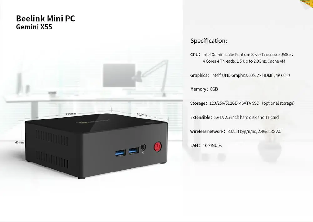 Beelink Gemini X55 Ultimate Mini PC Intel GEMINI LAKE J5005 8GB LPDDR4 128G 256G 512G до 2,5 GHz BT4.0 1000M LAN 5G Dual WiFi