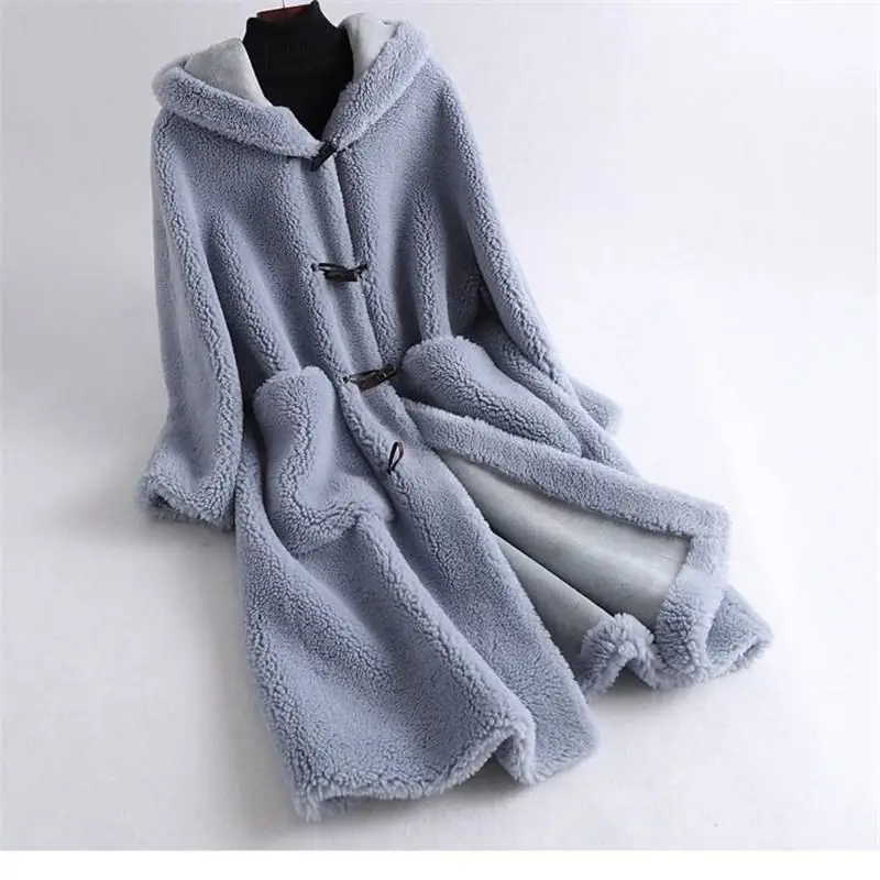 Женское зимнее пальто из натурального меха, негабаритная оторочка из овечьей шерсти с капюшоном, куртка, женское теплое пальто из овечьего меха, Manteau Femme Z48 - Цвет: liang yu lan