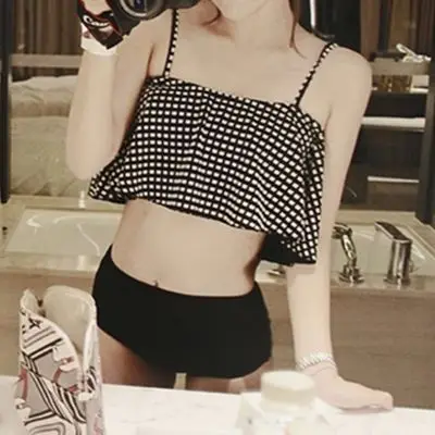 

South Korea Bathing Suit Small Bust Underwire Push up Horizontal Neck off-Shoulder Flounced Bikini Split Type High-waisted