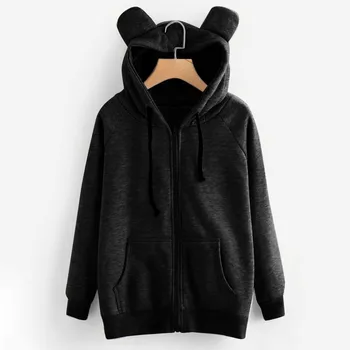 

Autumn Winter coat women casual New Fashion Solid Color Print Cat Ear Zipper Pocket Long Sleeve Pullover Coat Y110