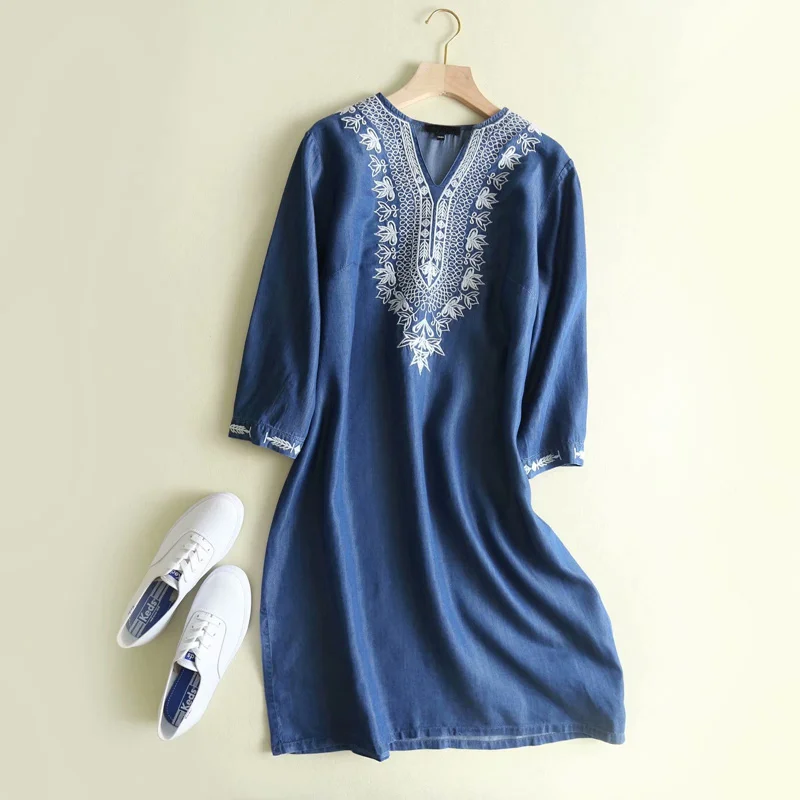 Embroidered Loose Summer Denim Dress Women Blue V Neck Long Sleeve Jeans  Shirt Dress Knee Length Spring Dress Vestidos Mujer - AliExpress 200000345