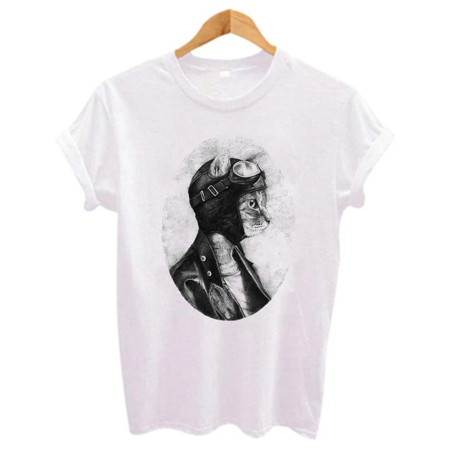 Retro Style Funny Cat pilot Print  t-shirt Women Summer Clothing White Casual Short sleeve O-neck T shirt