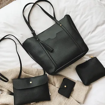 

Women Casual Solid Color Crossbody Tote Shoulder Messenger Handbags Litchi Leather Tassel Clutch Card Holder Bags 4PCS/Set