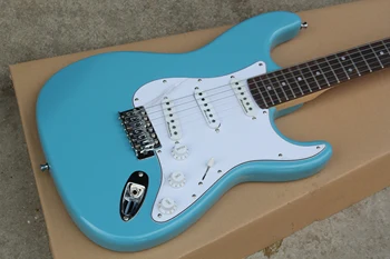 

China guitar factory custom 100% new blue ST Electric Guitar with White Pickguard reversed headstoc Free shipping 8pai