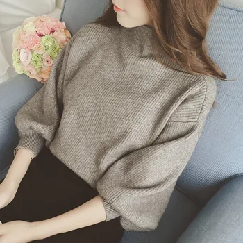 

Autumn Women Sweaters Jumper Pullover Solid Tops Casual Long Lantern Sleeve Loose Knitted Turtleneck Sweater Female
