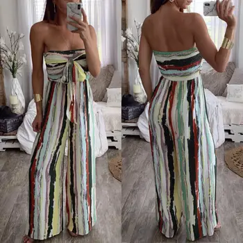

Fashion Womens Strapless Slash Striped Bow Knot Jumpsuit Romper Casual Clubwear Wide Leg Pants