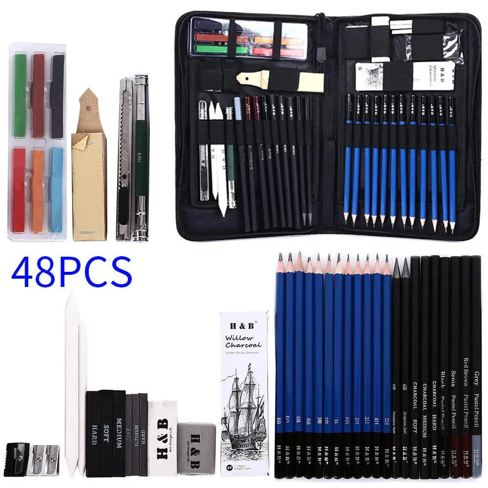

SOLEDI 48pcs Portable Painting Tool Set Stationery Art Supplies Student Professional Sketch Pencil Artist Crafts Drawing