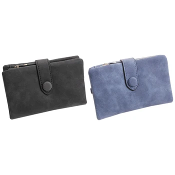 

ASDS-2 Pcs Wallet Purse Scrub Leather Women Wallet Short Soild Zipper Coin Purse Card Holders-Black & Ink-Blue Colour