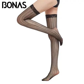 

BONAS Sexy Fishnet Women Stockings Lace Thigh High Stockings New Black High Elastic Hollow Mesh Elegant Knee Stockings Ladies