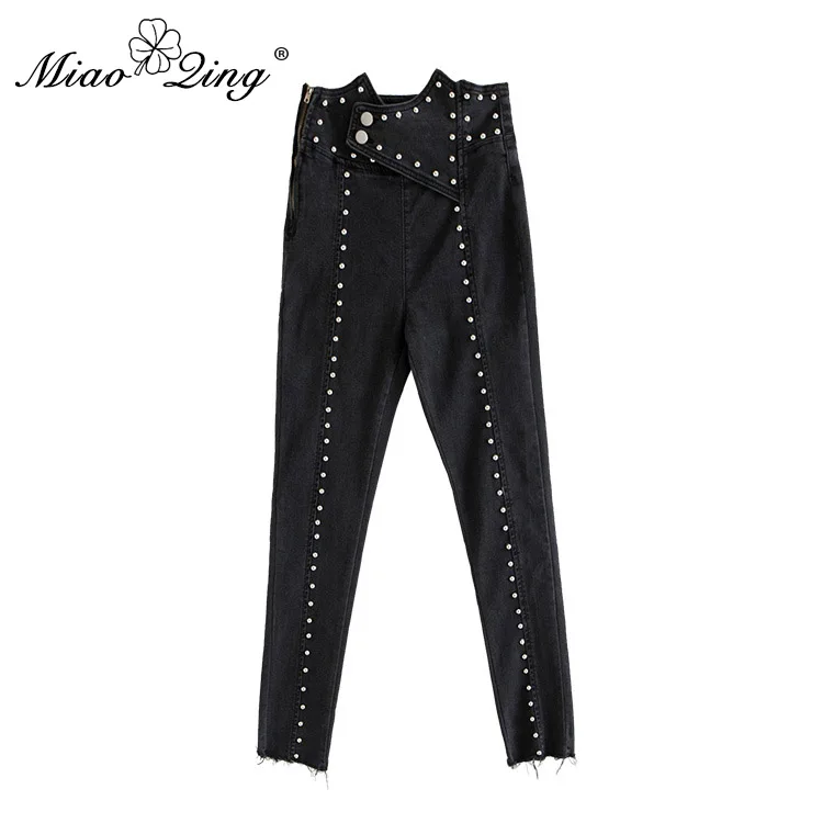 

MIAOQING Heavy Rivets Patchwork Denim Trouser For Women High Waist Irregular Ankle Length Jeans Female 2019 Street Fashion