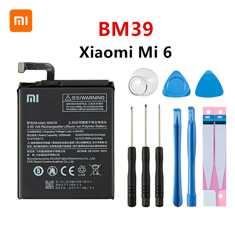 

Xiao mi 100% Orginal BM39 3350mAh Battery For Xiaomi 6 Mi 6 Mi6 BM39 Phone Replacement Batteries +Tools