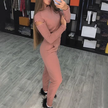 

New Lady 2 Pieces Women Fashion Knitted Sports Set 2019 Solid Color Autumn Winter Casual Sweater Suits Lady Sexy Slim Tracksuits
