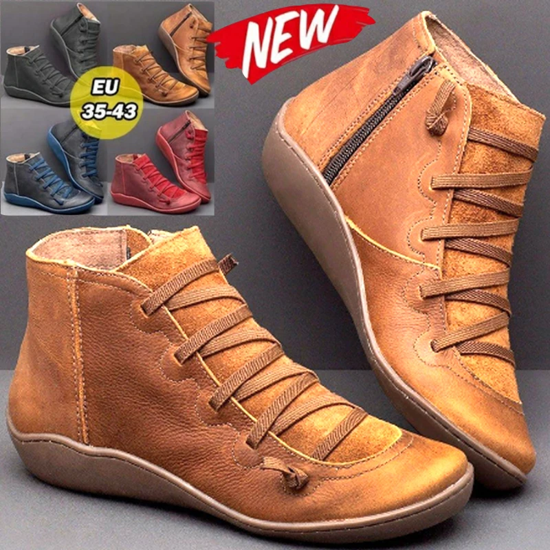 Women's PU Leather Ankle Boots Ladies Autumn Winter Cross Strappy Vintage Women Punk Boots Flat Ladies Shoes Woman Botas Mujer