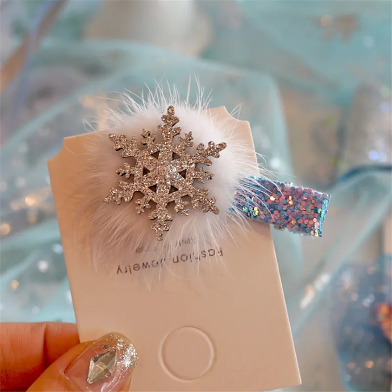 5pcs/lot Christmas Glitter Snowflake Hair Bows For Girls Handmade Double Layered Hairgrips Dance Party Girls Hair Accessories