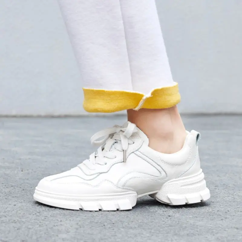 Taoffen Women Fahion Genuine Leather White Sneakers Shoes Woman Round Toe Vulcanized Shoes Casual Women Footwear Size 35-39