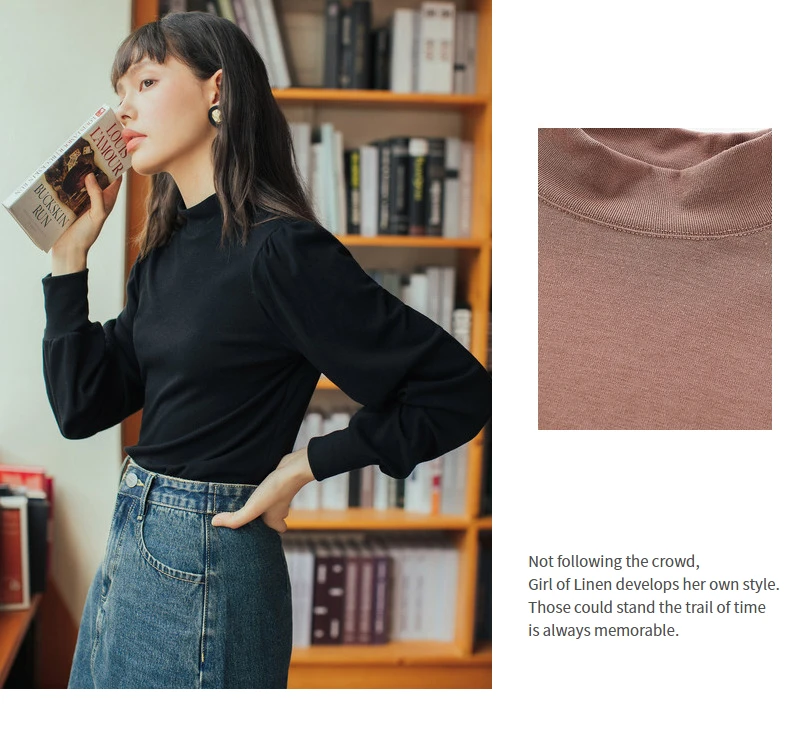 INMAN 2020 Autumn Winter New Arrival Retro French Style High Collar Bubble Long Sleeve Women T-Shirt