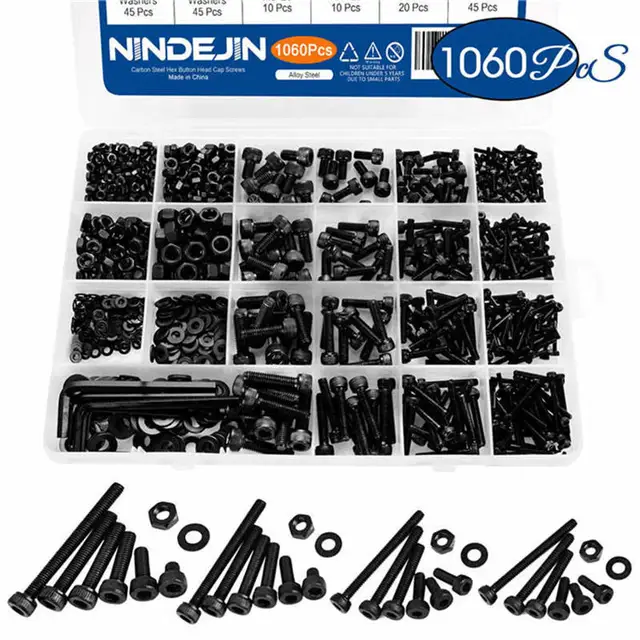 1060pcs M2 M3 M4 M5 Hex Socket Screw Set Carbon Steel Flat Round Cap Head Screws Bolts and Nuts Assortment Kit with Storage Box Socket