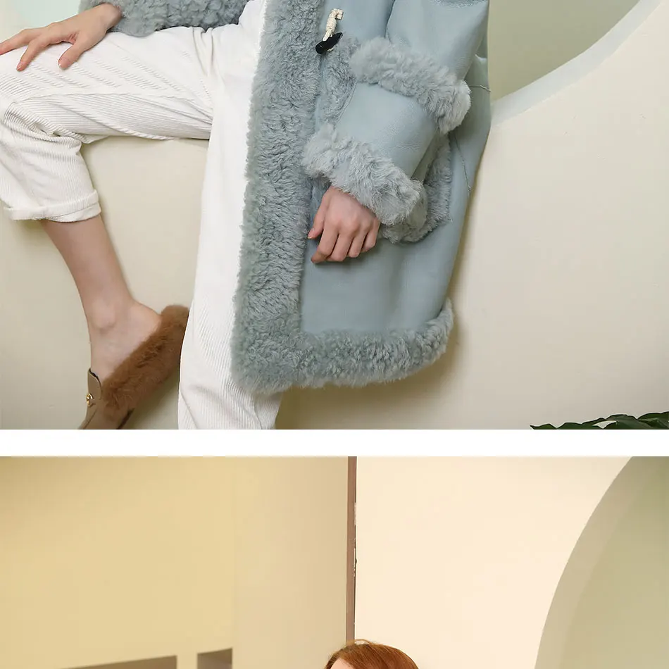 Down Coats Luxury Double Faced Fur Long Thick Coat Woman Genuine Wool Lambskin Warm Outerwear Winter Fashion Horn Button Real Sheep Fur Coa long down puffer coat