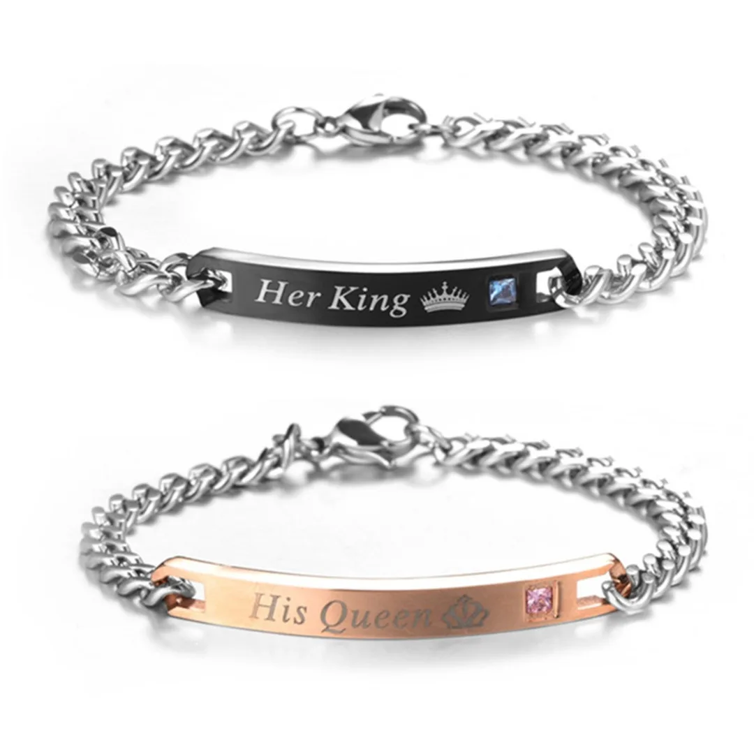 Его королева ее Король Черный розовое золото цвет Женская Мужская цепочка Кристалл Пара браслет для мужчин женщин CZ бар браслеты ювелирные изделия