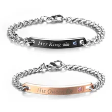 Его королева ее Король Черный розовое золото цвет Женская Мужская цепочка Кристалл Пара браслет для мужчин женщин CZ бар браслеты ювелирные изделия