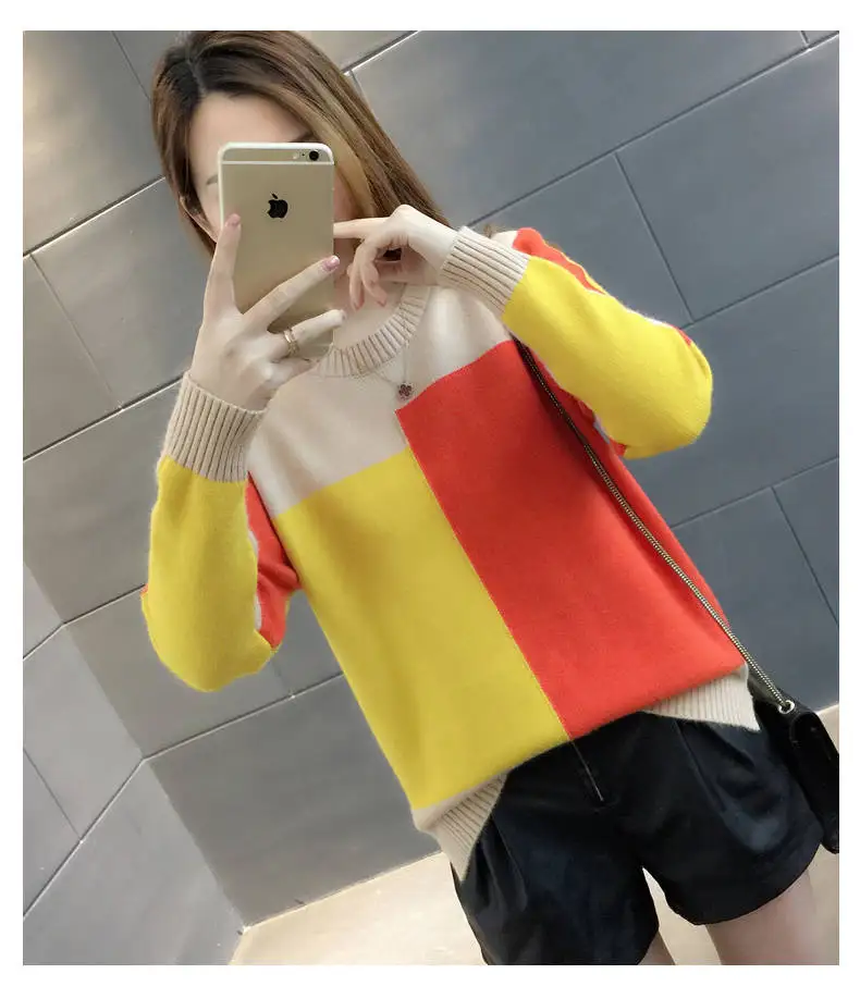 apricot yellow red Vangull контрастный цвет женский свитер осень зима Повседневный длинный рукав пуловеры женский теплый круглый вырез Мягкий Вязаный джемпер свитер - Цвет: apricot yellow red