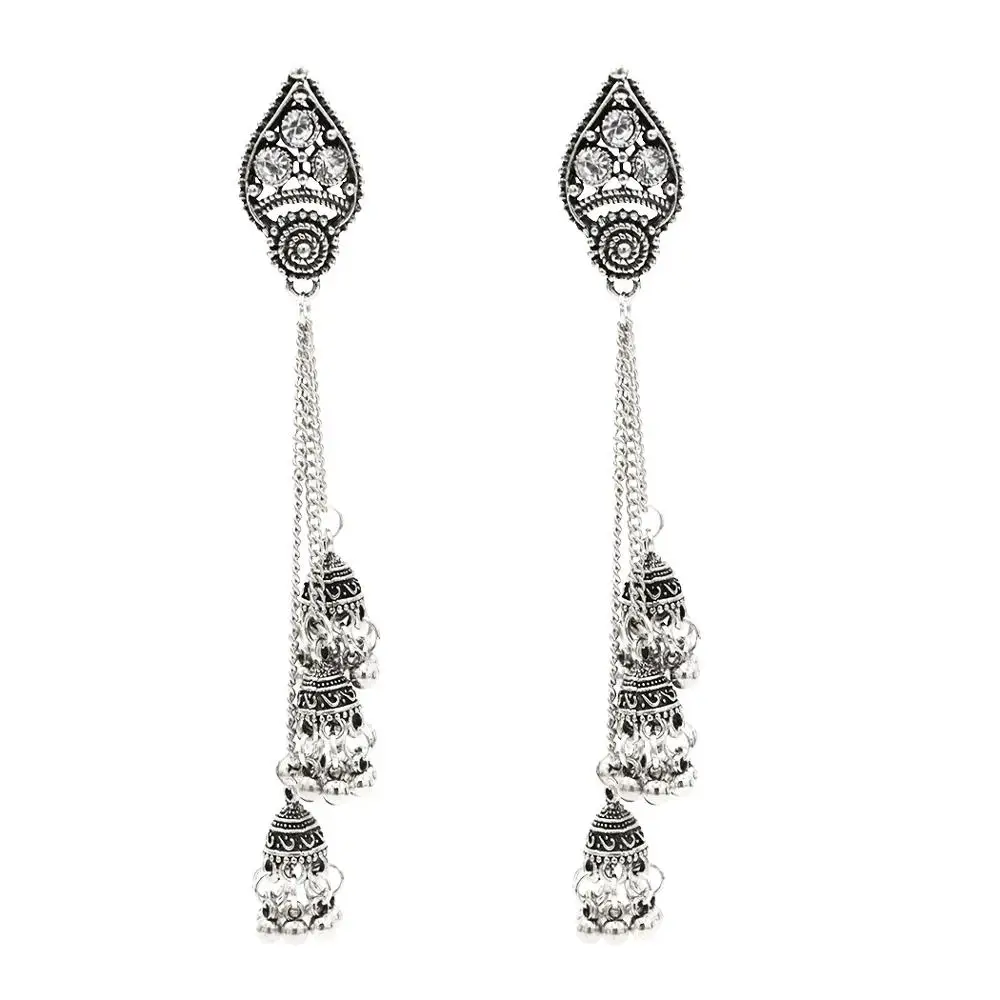 Для женщин индийский окисленный Jhumka Jhumki индийские серьги золотого и серебряного цвета, на крючках с длинной бахромой серьги женские массивные уши афганских ювелирные изделия