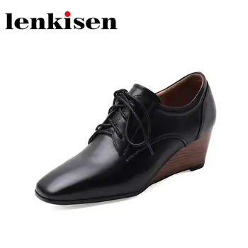

Lenkisen 2020 solid simple vintage bowtie genuine leather comfortable brand shoes square toe high wedge heels lace up pumps L08