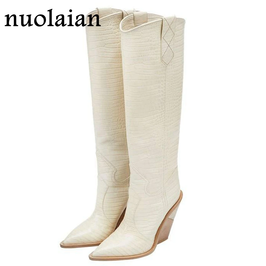 

9.5CM Heels Women's Knee-High Boots Leather Winter Shoes Woman Fur Snow Boots Lady Wedges Boot Womens Thigh High Boots Chaussure