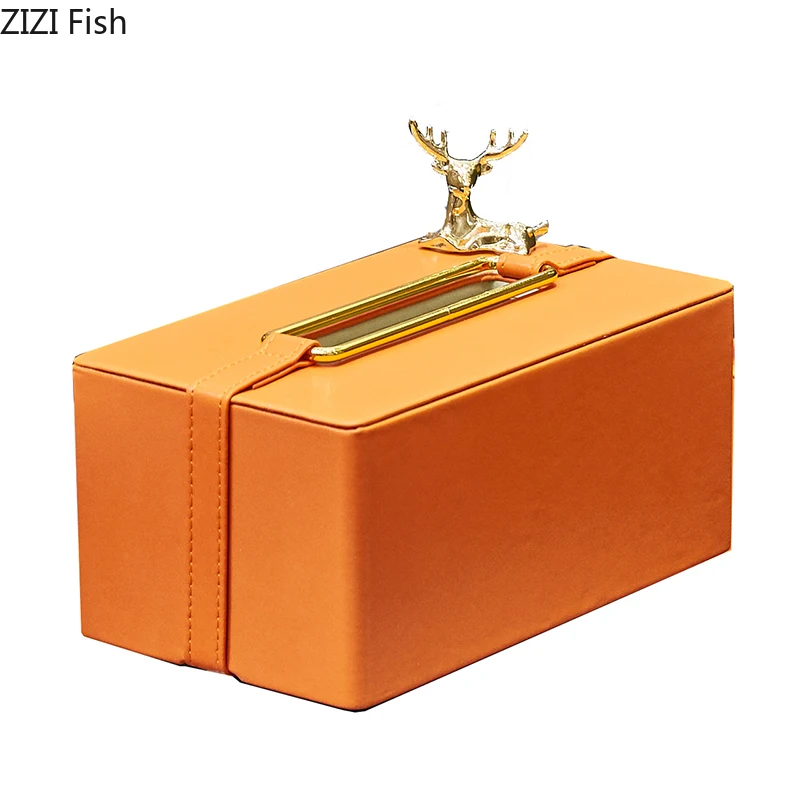 Leather Tissue Box Metal Geometric Frame Home Desktop Drawer Orange Green Square Table Storage Organization Home Decoration 6
