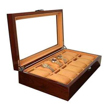 

12Slot Wood Watch Display Case Watch Box Glass Top Jewelry Storage Organizer