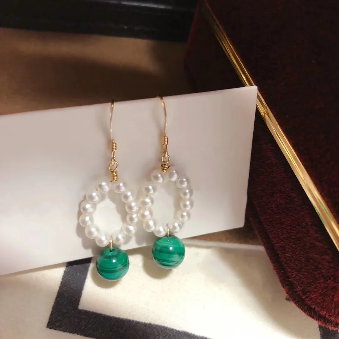 

Butterfly Home Hand-woven Malachite 14k zhu jin 3-4 near round Glare Virgine Pearl Earring Qres54g54ii