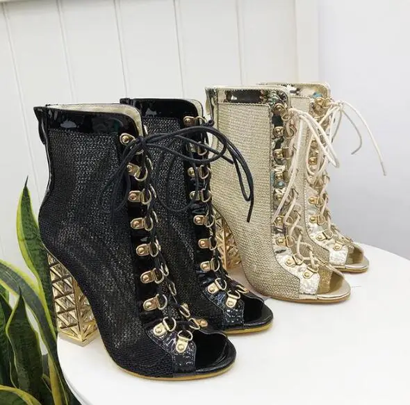 Hollow Shiny Female Boots Spring Summer New Luxury Rough-heeled Cross-strap Sandals Temperament Fishmouth Breathable Boots