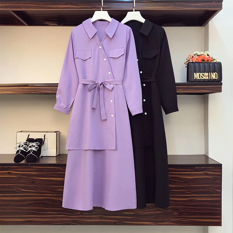 

EHQAXIN 2021 Summer Autumn Women's Dresses Fashion Buttoned Shirt Lace-Up Mid-Length Long Sleeve Ruffle Dress L-4XL