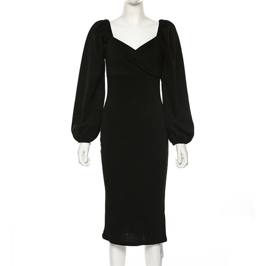 Black OOTN Сексуальное Женское облегающее платье с открытыми плечами, пышное вечернее длинное платье с длинным рукавом, шикарное зимнее тонкое женское платье-карандаш миди - Цвет: Black