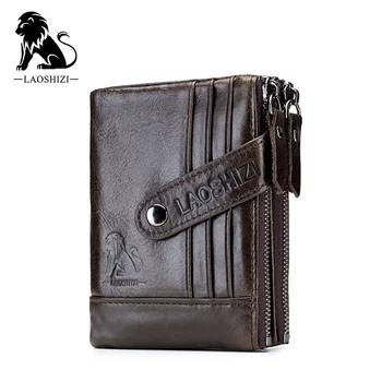 

Genuine Leather Wallet Cowhide Leather Men Wallets Double Zipper Short Purse Coin Pockets Anti RFID Card Holders Wallet Men