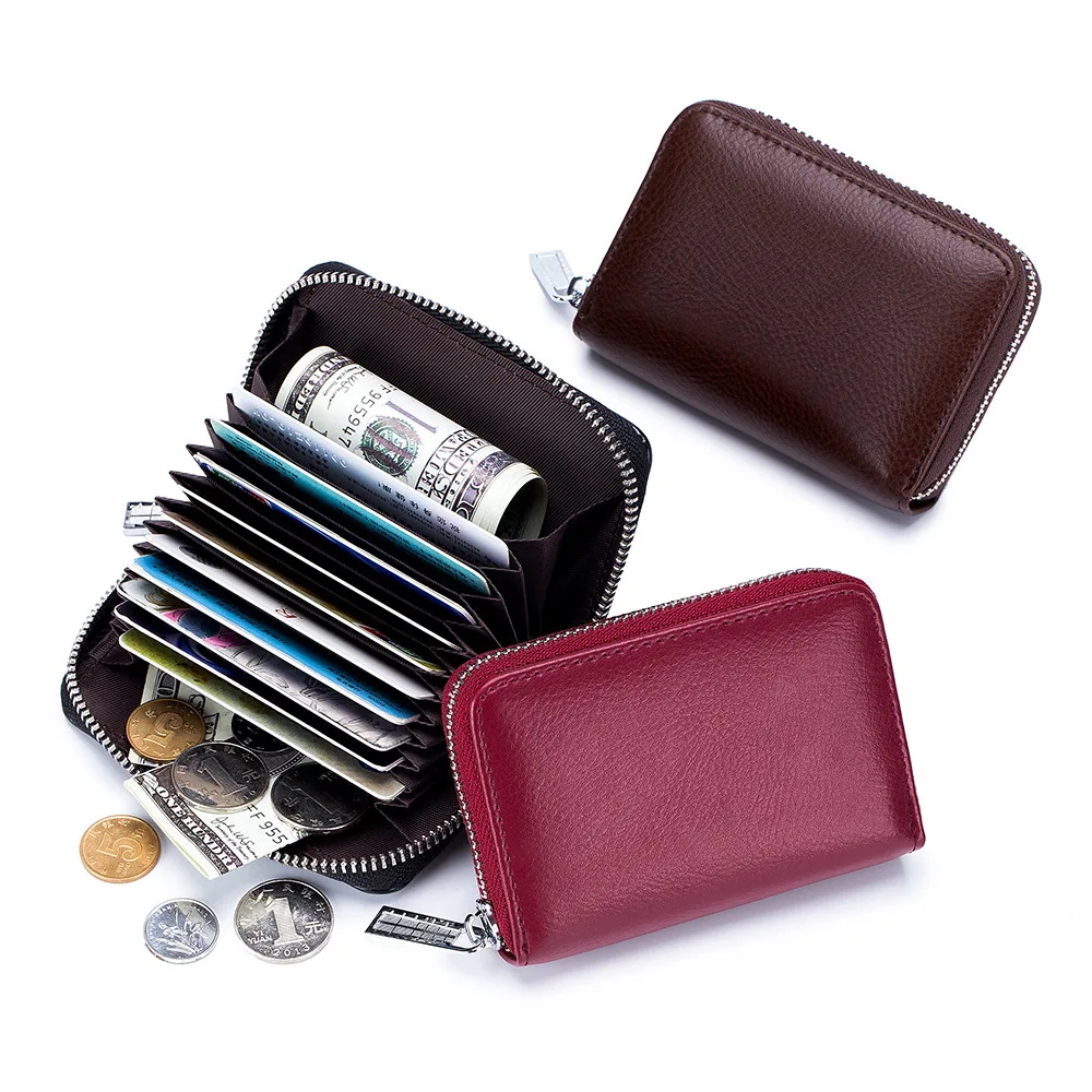 

Zipper RFID Card Wallet Genuine Leather Unisex Men Band ID Credit Drive Liscense Cards Case Women Hand Hold Coin Bag Purse