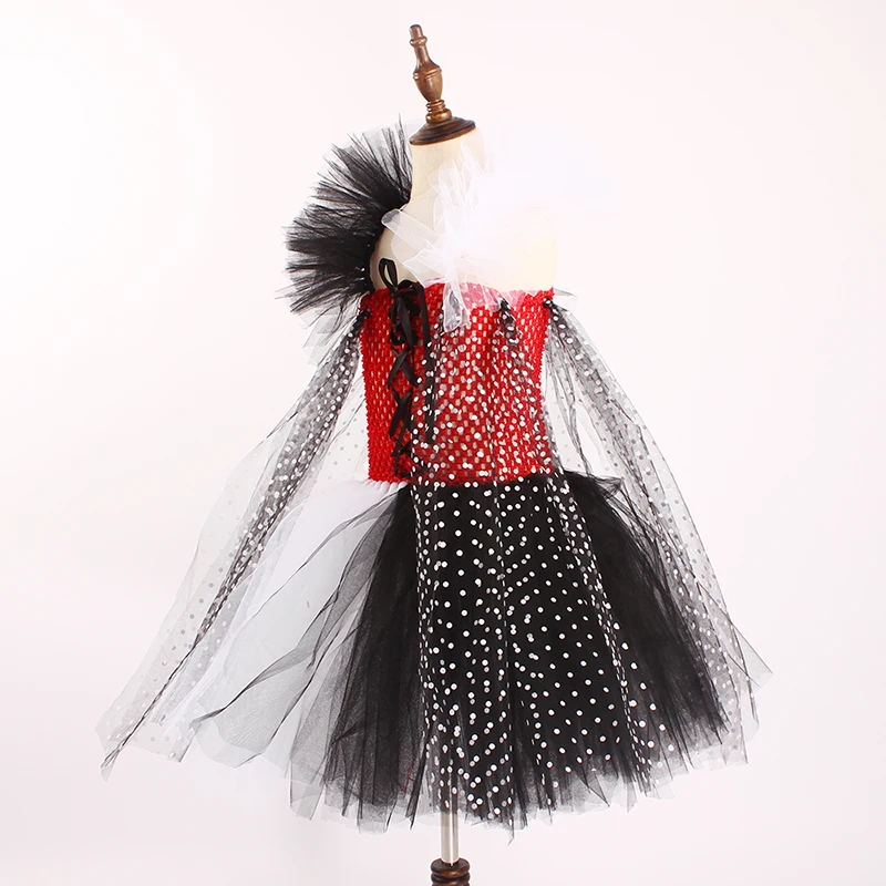 Cruella De Vil inspired Girls Tutu Dress with Headband Kids Dalmatians Villain Halloween Costume Polka Dot Children Party Dress (14)