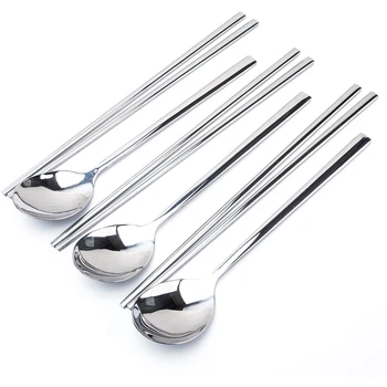 

3 Pairs Stainless Steel Chopsticks and Spoon Set, Reusable Metal Stainless Steel Square Handle Chopsticks and Spoons