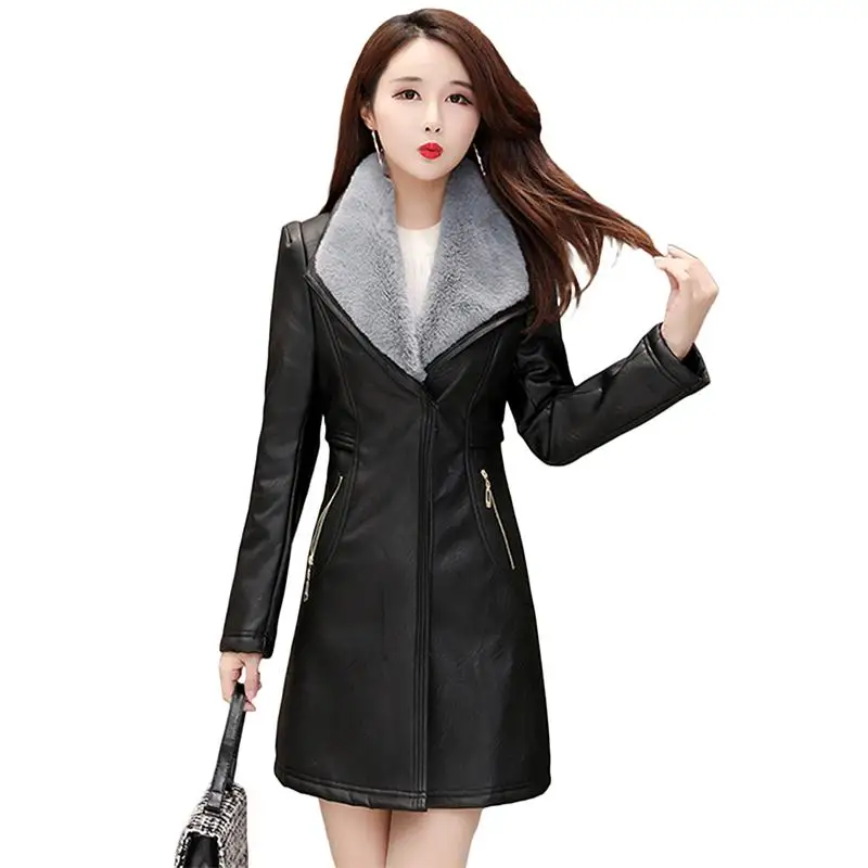 Women 2020 Autumn Winter Slim Faux Fur Collar Leather Jacket Plus Velvet Thick Warm Coat Female PU Imitation Trench T143 | Женская