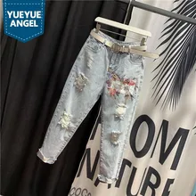 Высокая Талия цепи Алмазы Блестки Брюки-клеш с вышивкой Женские джинсовые штаны модные рваные обжимной свободное до щиколотки брюки