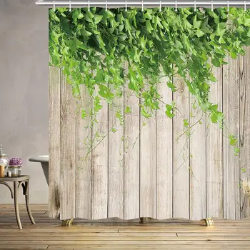 

Wooden Board Shower Curtain for Bathroom, Green Plant Leaves on Beige Wood Board Polyester Fabric Bath Curtains with Hooks