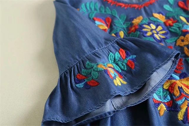 Vintage chic women  floral embroidery beach Bohemian mini dress Ladies short sleeve v-neck denim Boho vestidos 4