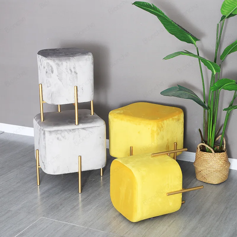 Nordic Square Fabric Stool Gold Metal Small Stools Modern Footstool Shoes Store Bedroom Bench Dining Chairs Vanity Sofa Ottoman | Мебель