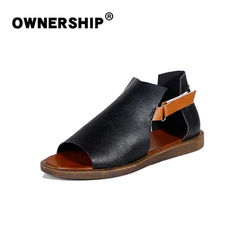 

Women's Sandals Roman Shoes Flat Female Ladies Toe Women Hook Loop PU Leather Peep Comfortable Fashion Solid Footwear Plus Size