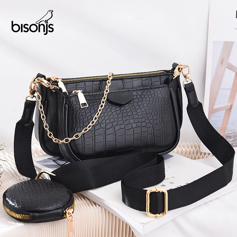 

BISONJS 3pcs Set Women Handbag PU Leather Shoulder Messenger Bag Mini Female Underarm Bag Ladies Chain Crossbody Bag Purse bolsa